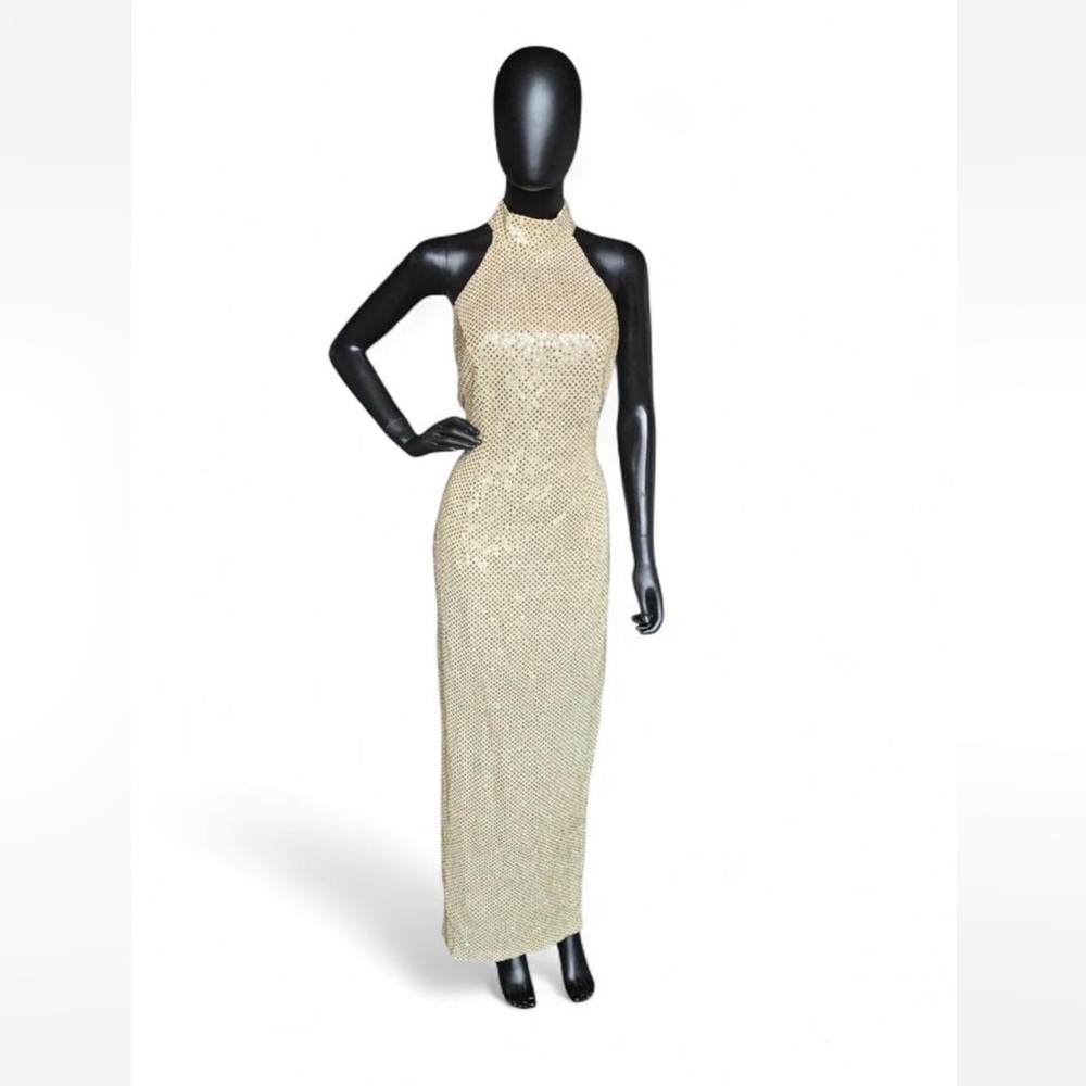 Vintage Y2K Roberta Gold Metallic Sequins Halter Maxi Dress - Picture 2 of 7